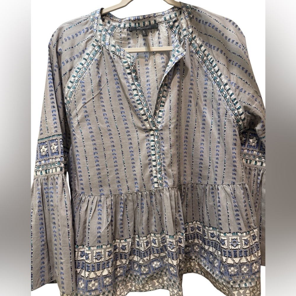 BCBGMaxAzria Gray and Blue Embroidered Peasant Tunic